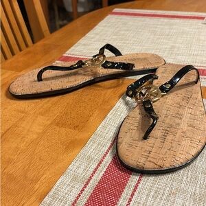 Michael Kors Black Patent Thong Sandals with Gold MK Emblem